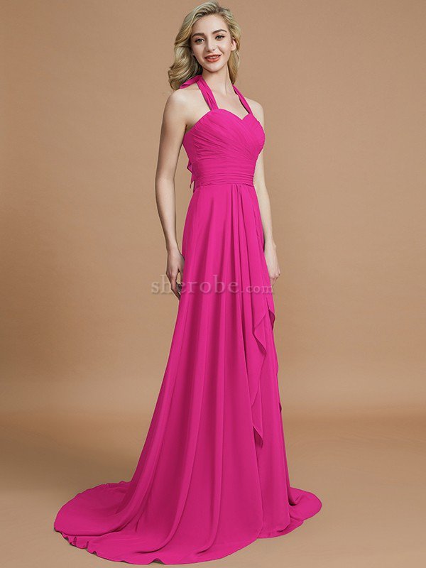 A-Linie Chiffon Ärmelloses Sweep Zug Nackenband Brautjungfernkleid - Bild 16