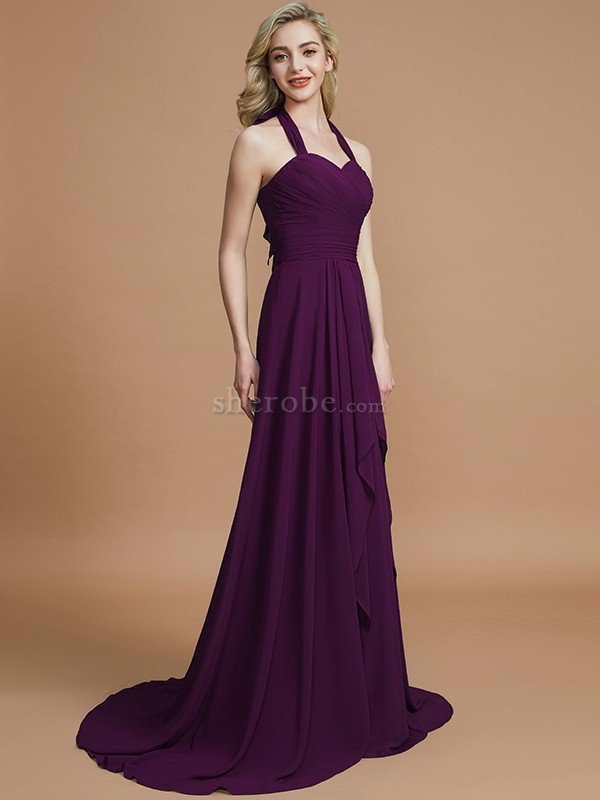 A-Linie Chiffon Ärmelloses Sweep Zug Nackenband Brautjungfernkleid - Bild 18