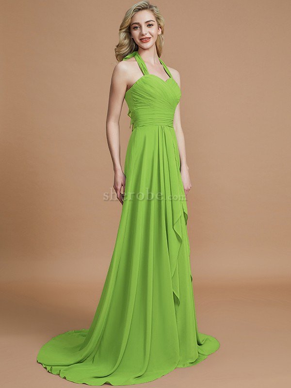 A-Linie Chiffon Ärmelloses Sweep Zug Nackenband Brautjungfernkleid - Bild 19