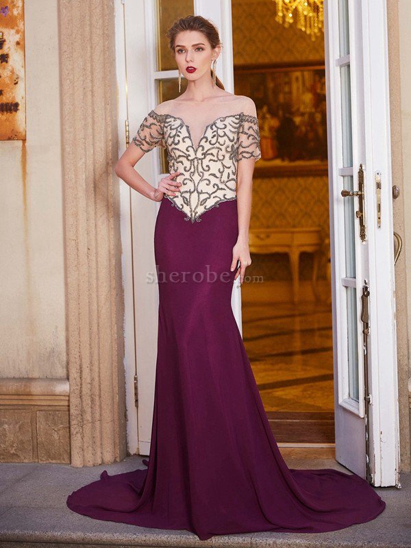 Abito da Sera in Chiffon Tubino Lunghi Coda A Strascico Corto con Perline - Foto 1
