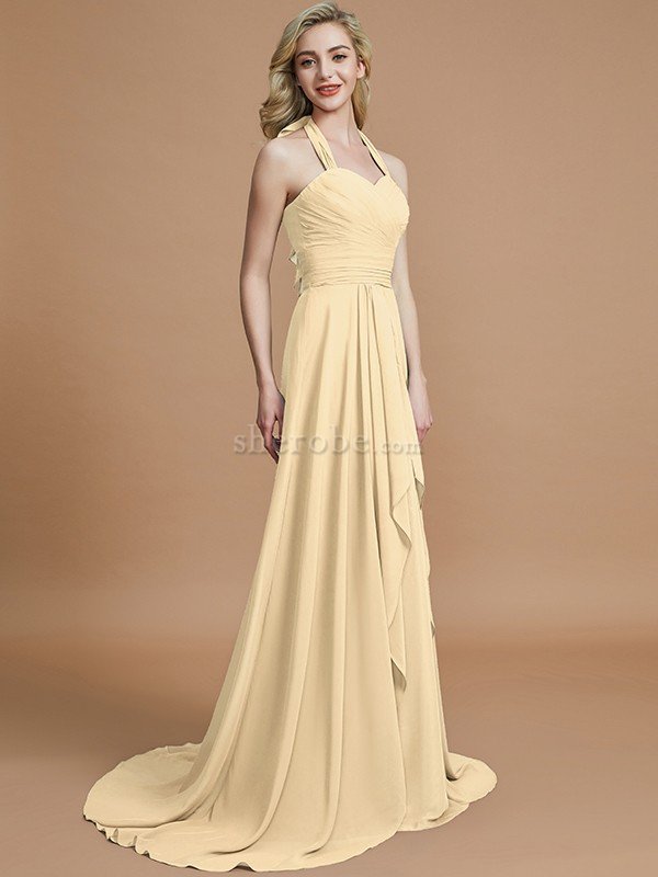 A-Linie Chiffon Ärmelloses Sweep Zug Nackenband Brautjungfernkleid - Bild 11