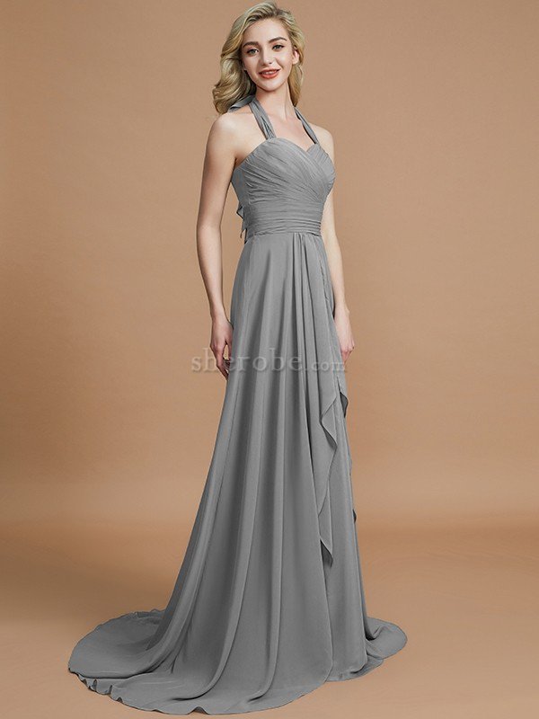 A-Linie Chiffon Ärmelloses Sweep Zug Nackenband Brautjungfernkleid - Bild 32