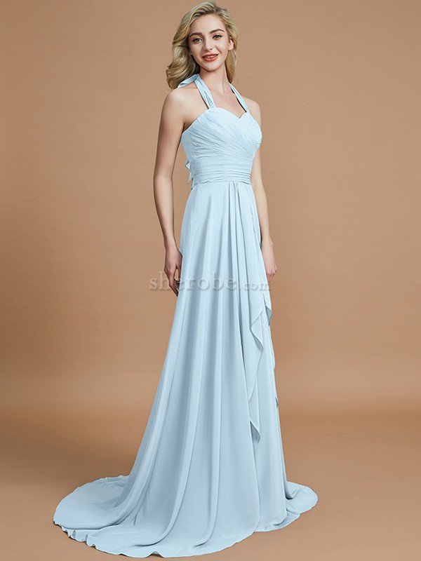 A-Linie Chiffon Ärmelloses Sweep Zug Nackenband Brautjungfernkleid - Bild 23