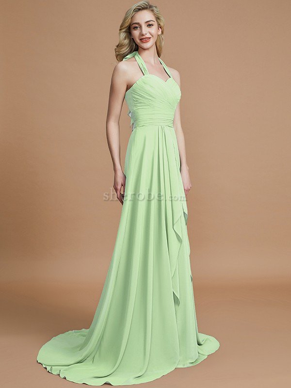 A-Linie Chiffon Ärmelloses Sweep Zug Nackenband Brautjungfernkleid - Bild 31