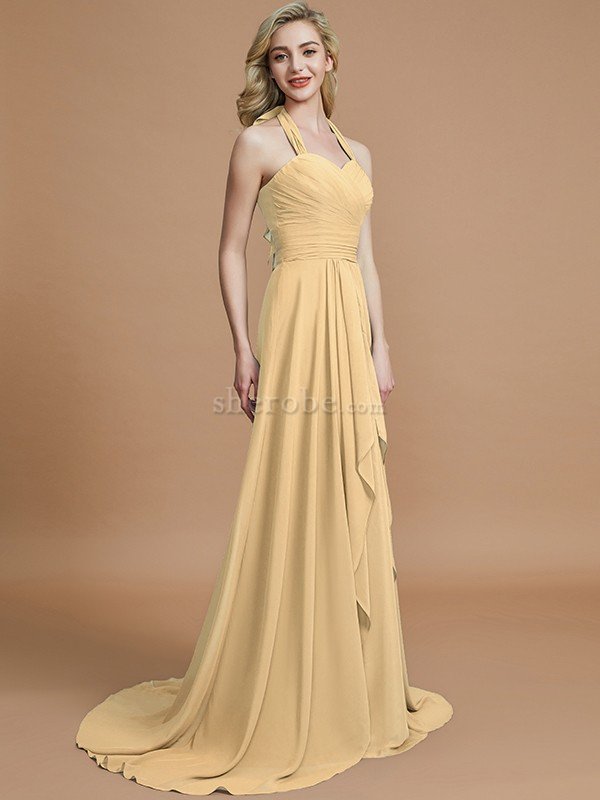 A-Linie Chiffon Ärmelloses Sweep Zug Nackenband Brautjungfernkleid - Bild 17