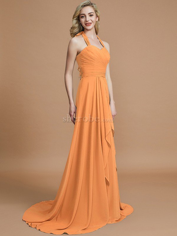 A-Linie Chiffon Ärmelloses Sweep Zug Nackenband Brautjungfernkleid - Bild 25