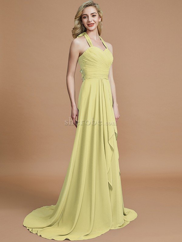 A-Linie Chiffon Ärmelloses Sweep Zug Nackenband Brautjungfernkleid - Bild 13