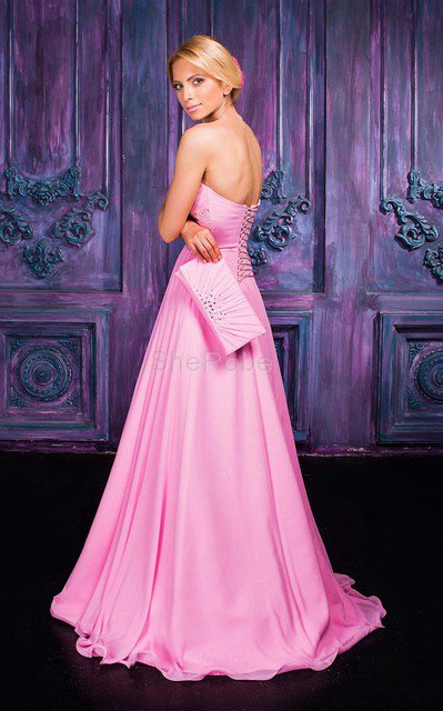 A Linie Chiffon Perlenbesetztes bodenlanges Ballkleid mit Rücken Schnürung - Bild 2
