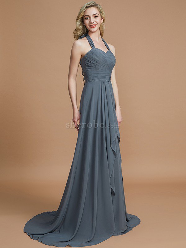 A-Linie Chiffon Ärmelloses Sweep Zug Nackenband Brautjungfernkleid - Bild 1